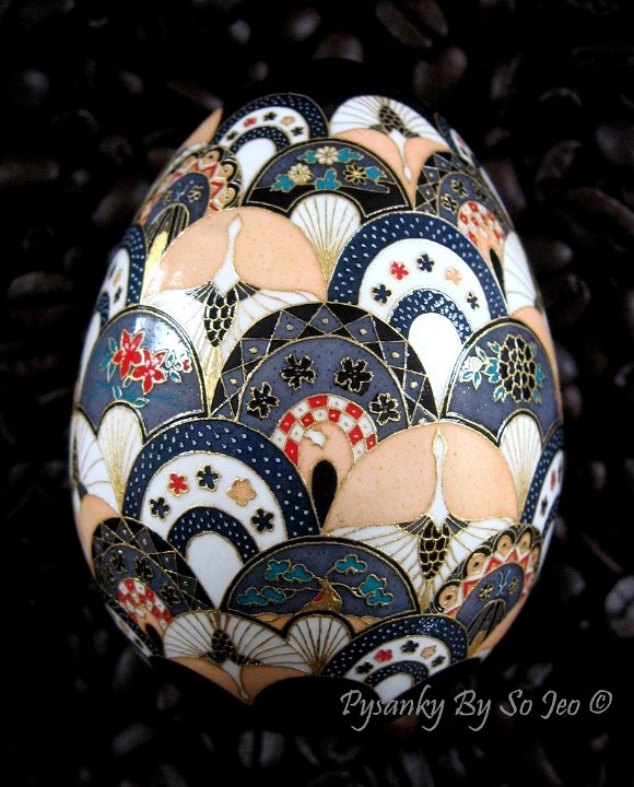 Cranes and Fans ChiyogamiUkrainian Style Easter Egg Pysanky by So Jeo